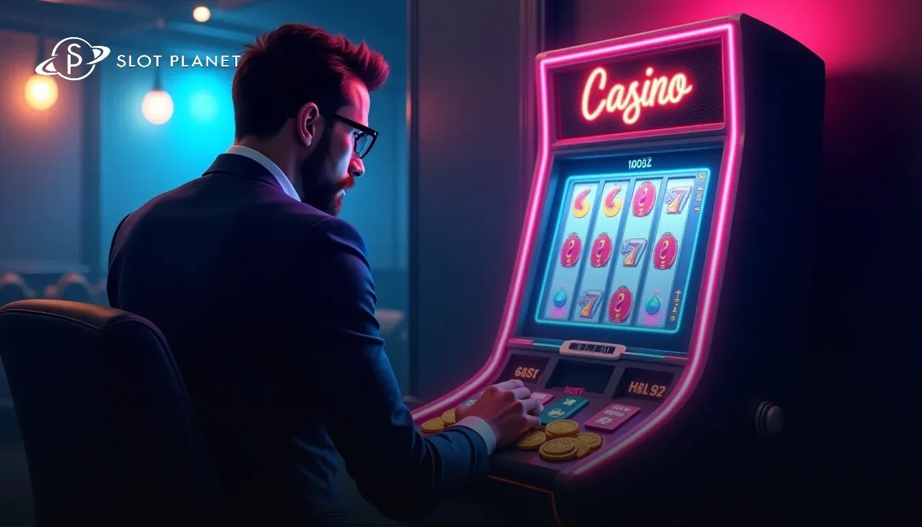 Slot Planet Casino game lobby with search, provider filters and volatility sliders visible, popular slots displayed in grid